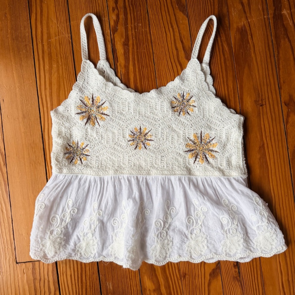 Womens Boho White Crochet Peplum Babydoll Cropped Tank Embroidered Cottagecore